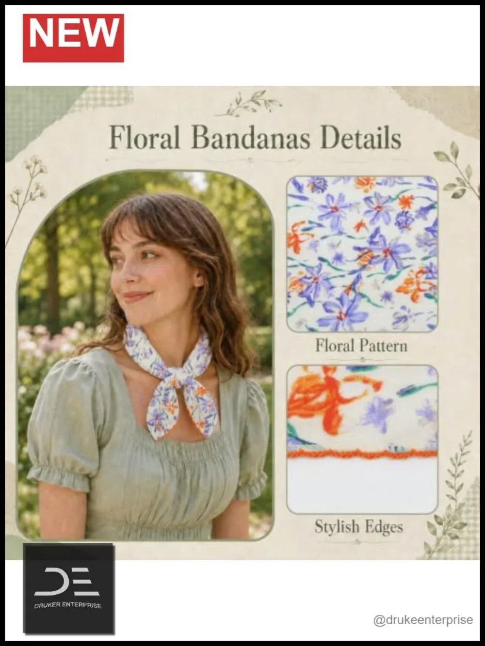 Floral Bandana Lightweight Head Scarf Multi-Use Cotton Scarf 20.8